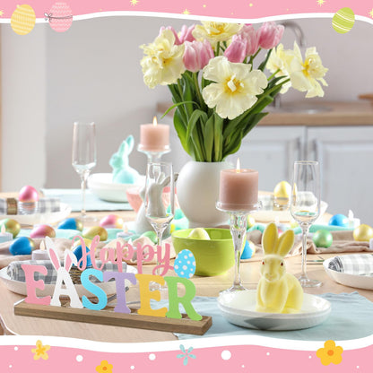 MiniInflat Happy Easter Metal Sign Rustic Table Decor Holiday Tiered Tray Decor with Wooden Base Freestanding Metal Word Sign for Home Tabletop Centerpiece Mantel Shelf Fireplace