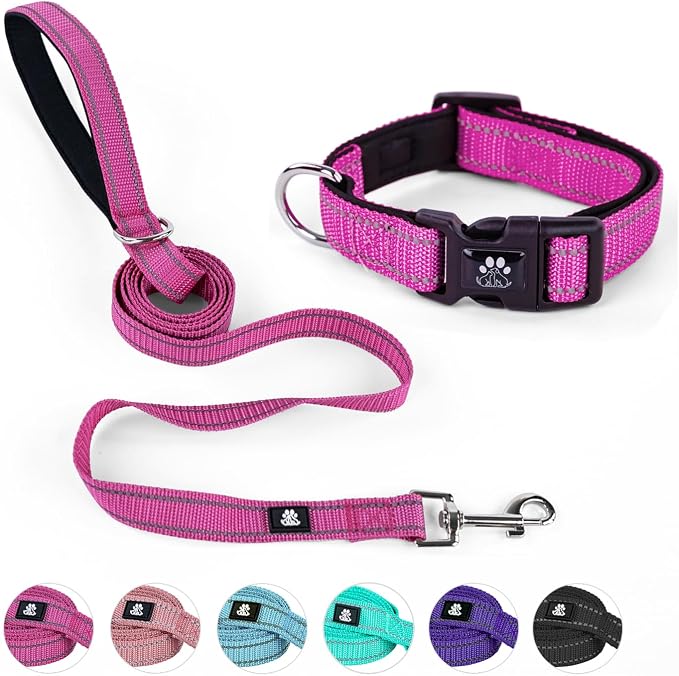 NESTROAD Dog Collar and Leash Set,Reflective Dog Collars with Quick Release Buckle,Adjustable Nylon Pet Collar for Small Medium Large Dogs(Small,Fuchsia Pink)