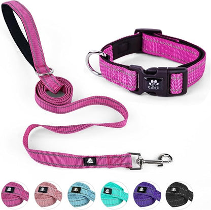 NESTROAD Dog Collar and Leash Set,Reflective Dog Collars with Quick Release Buckle,Adjustable Nylon Pet Collar for Small Medium Large Dogs(Small,Fuchsia Pink)