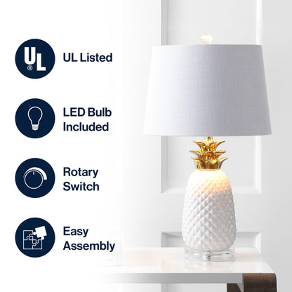 JONATHAN Y 23" White/Gold Pineapple Ceramic Table Lamp for Bedroom Decor, Modern Whimsical Bedside Nightstand Lamp with White Linen Drum Shade and LED Bulb (JYL4019C)