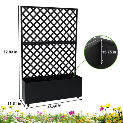 Metal Raised Garden Bed with Trellis & Wheels, 72.83"x46.46"x11.81" Galvanized Metal Planter Box with Drainage Holes & Privacy Screen for Patio Balcony Climbing Plants Flowers Vegetable, Black