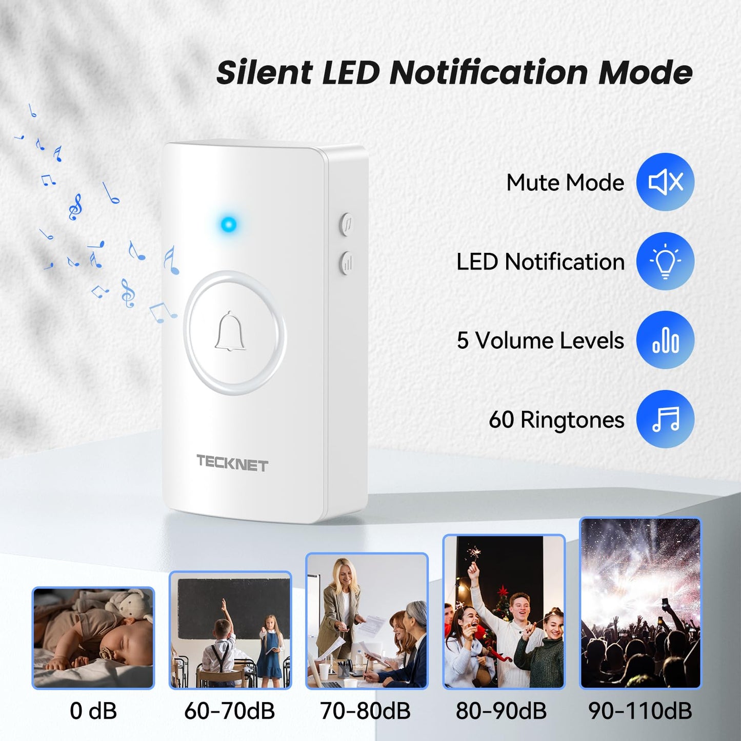 TECKNET Wireless Doorbell 1300FT, IP67 Waterproof Classroom Doorbell Battery-Powered Door Bell, 60 Chimes 5-Level Volume, Electric Doorbells No Plug-in Required for Home Classroom Teachers Warehouse