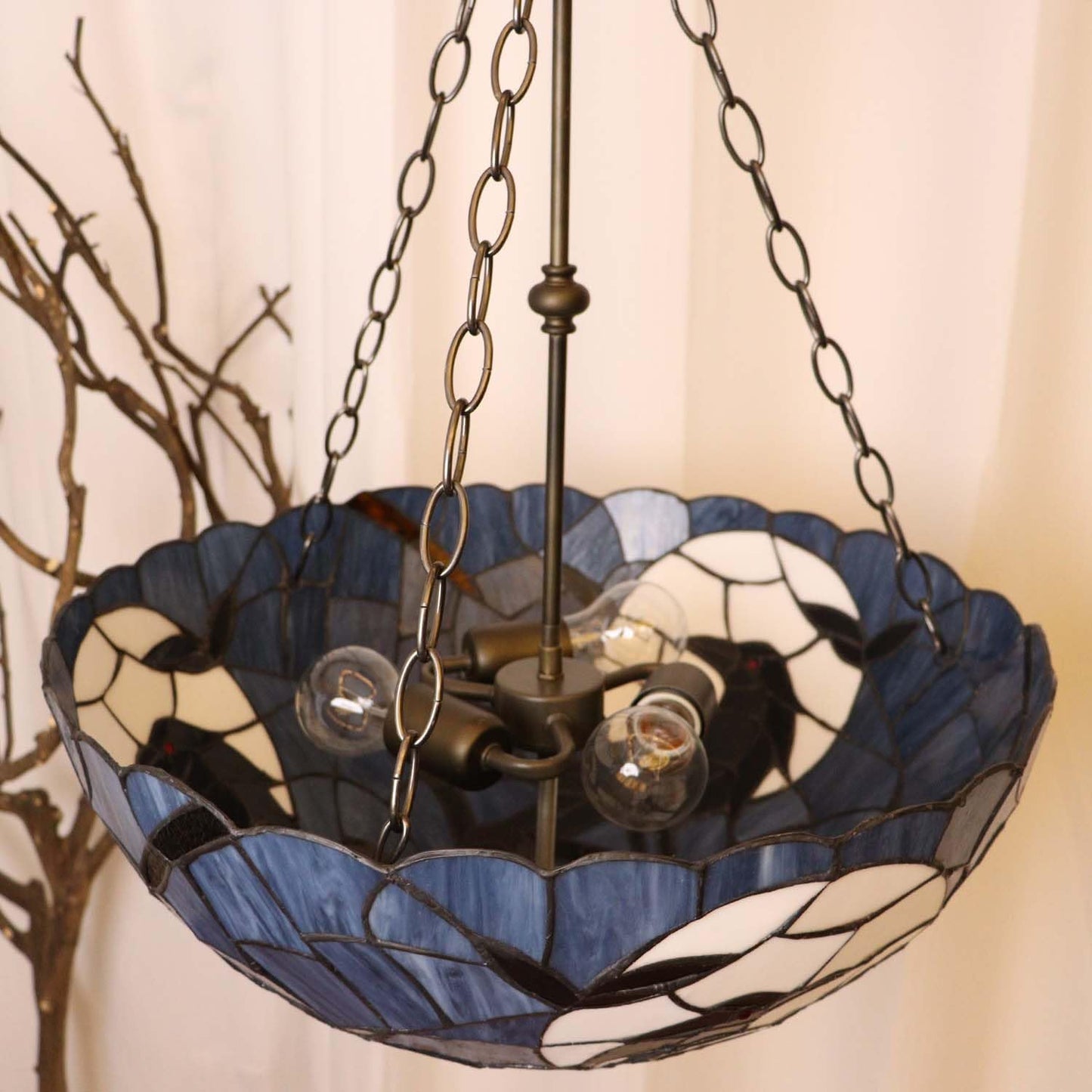 Bieye L12006 Tiffany-Style Stained Glass Raven Ceiling Pendant Light, 3-Light Hanging Ceiling Fixture with Adjustable Chains (Dark Blue, 20 inches Wide)
