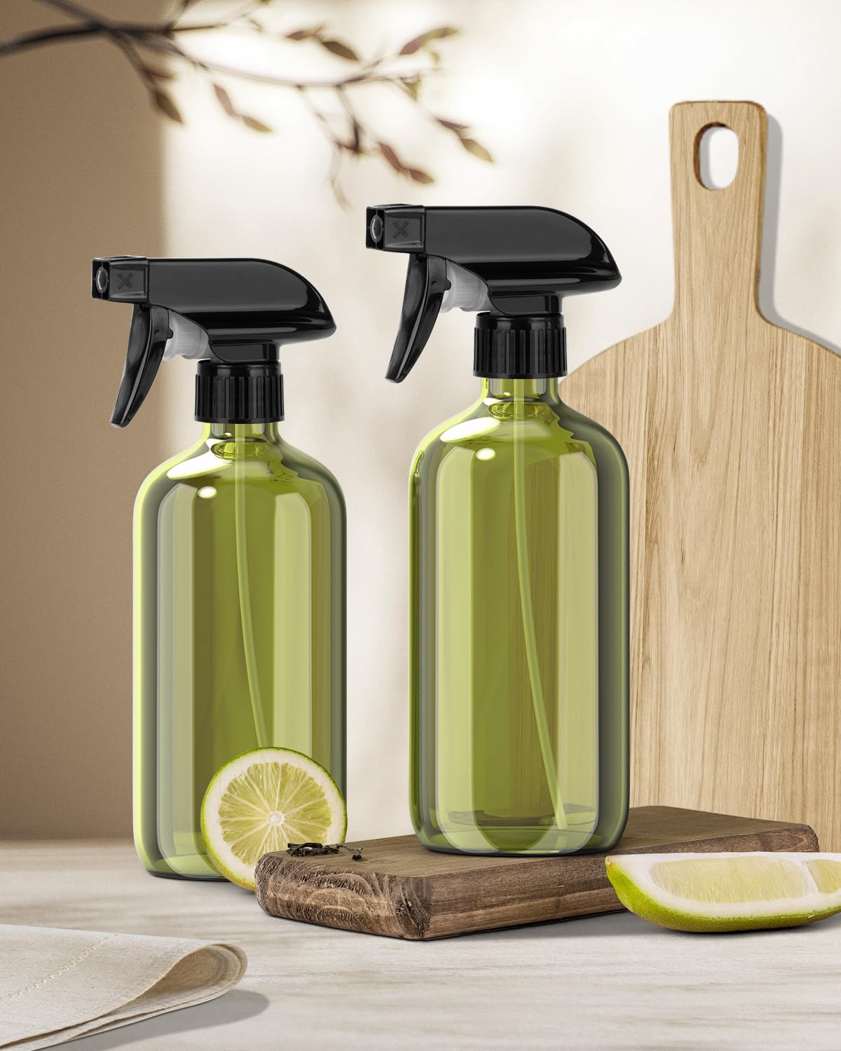 Bontip Glass Spray Bottle, Olive Green Glass Spray Bottle Set & Accessories Refillable for Plants Window Cleaners Aromatherapy Facial Hydration Watering Flowers Hair Care (2 Pack/16 oz) (Olive Green