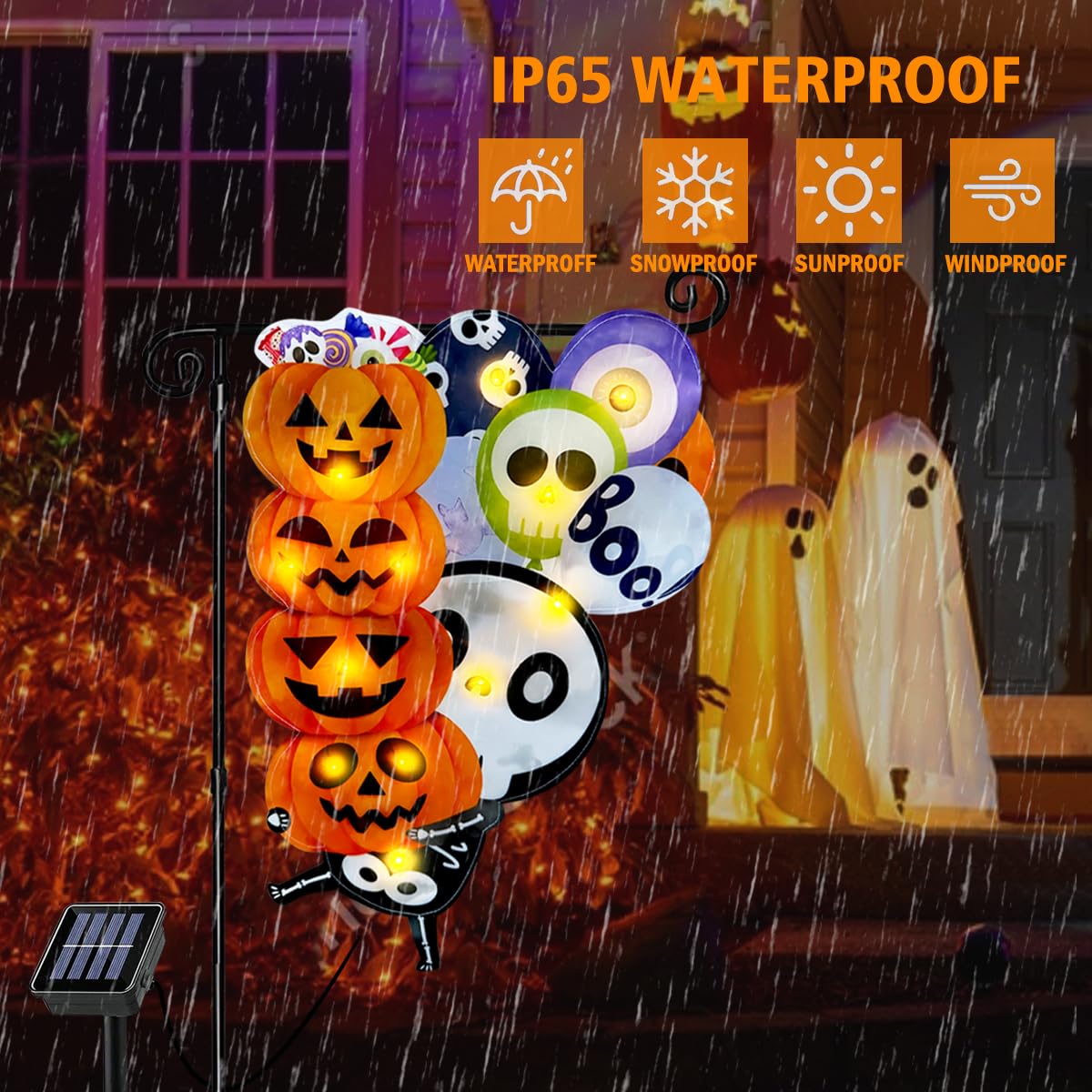 3D Lighted Halloween Garden Flag, Solar Powered LED Outdoor Skeleton & Pumpkin Holiday Yard Flag, Double Side Spooky Ghost Skull Shaped Flag for Patio Lawn, Home Porch 12×18 Inch