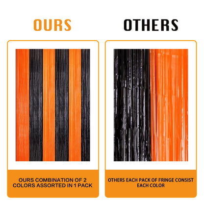 4 Pack Black and Orange Tinsel Foil Fringe Curtains, Halloween Party Photo Backdrop Streamers Backdrop for Birthday Anniversary Party Halloween Party Decoration