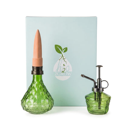 Topadorn Vintage Glass Plant Care Set, Plant Mister Spray Bottle & Terracotta Self-Watering Globe, Green