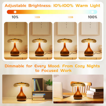 WTHTNROM Small Table Lamp for Bedroom-Wooden Base Teardrop Mushroom Table Lamps,Amber Glass Shade,LED Three Color Temperature Adjustable Brightness Modern LED Side Table and Desk Lighting(H 9.7 in)