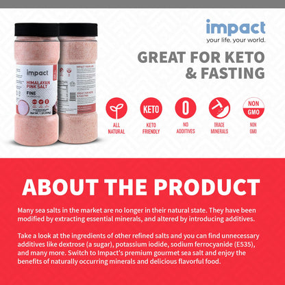 Impact - Fine Himalayan Pink Sea Salt - No Additives Rich in Trace Minerals Non-GMO Gluten-Free Ideal for Low-Carb Fasting Cooking - 1lb Shaker