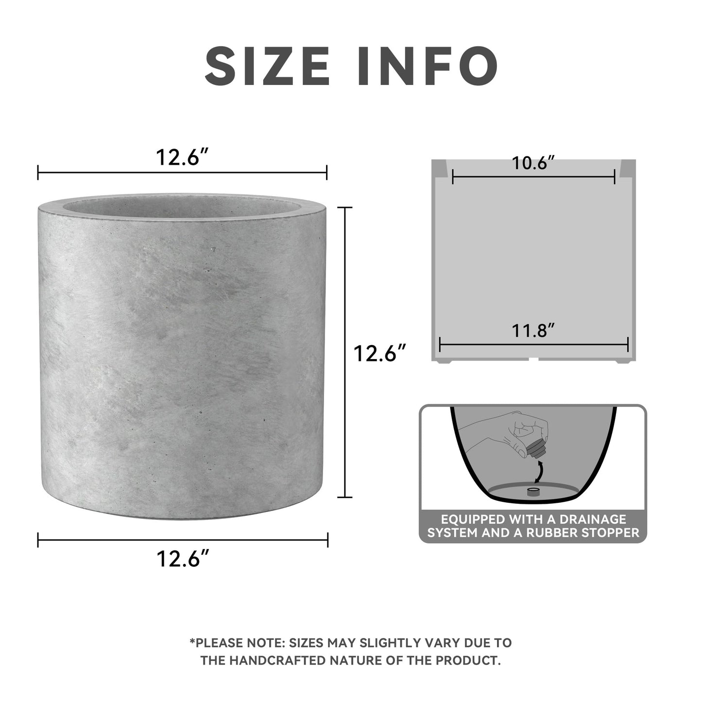 Kante 12.6" Dia Round Concrete Planter, Modern Style Large Cylindrical Plant Pot with Drainage Hole and Rubber Plug for Indoor Outdoor Patio, Natural Concrete