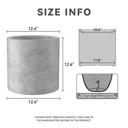 Kante 12.6" Dia Round Concrete Planter, Modern Style Large Cylindrical Plant Pot with Drainage Hole and Rubber Plug for Indoor Outdoor Patio, Natural Concrete