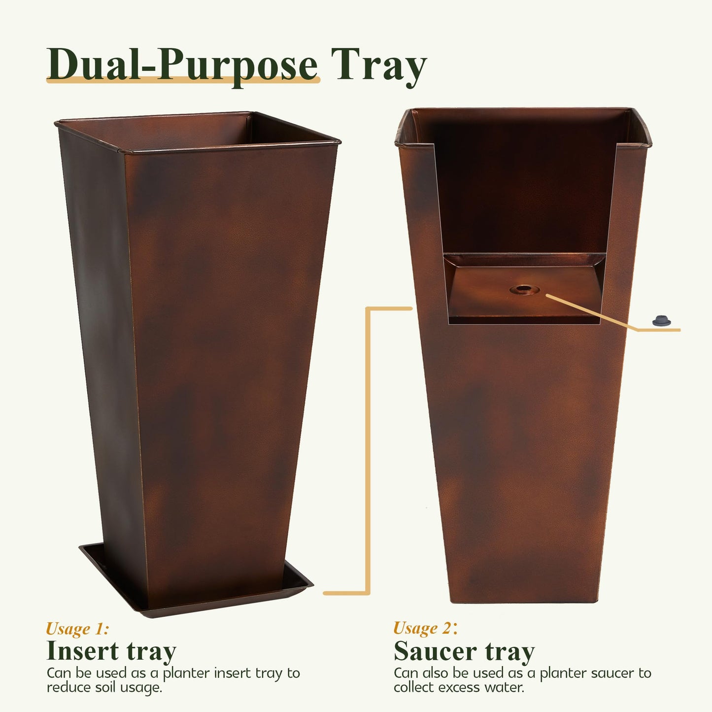 Worth Garden Large Metal Planter Set of 2 (25" & 28" H.), Matte Bronze Retro Finish Tall Square Tapered Steel Plant Pots, Decor Flower Pot Indoor & Outdoor, Drainage Hole & Dual-Purpose Plant Saucer