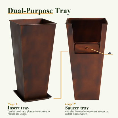 Worth Garden Large Metal Planter Set of 2 (25" & 28" H.), Matte Bronze Retro Finish Tall Square Tapered Steel Plant Pots, Decor Flower Pot Indoor & Outdoor, Drainage Hole & Dual-Purpose Plant Saucer