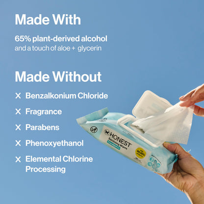 The Honest Company Fragrance-Free Sanitizing Alcohol Wipes, Antibacterial with Aloe, Kills 99% of Germs, 150 Count