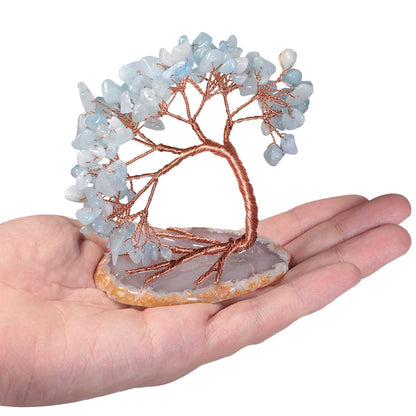 mookaitedecor Natural Aquamarine Crystal Money Tree Agate Slice Base Feng Shui Bonsai Crystal Tree for Wealth Luck Desk Decor, 3-4 Inch High