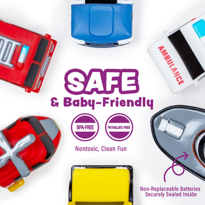 Tub Works® Emergency™ Cars Light Up Bath Toys, 6 Pack | Water-Activated Light Up Toys Flash & Change Color | Soft, Squeezable Baby & Toddler Bath Toys | Sensory Toys with Bath Lights for Kids Bath