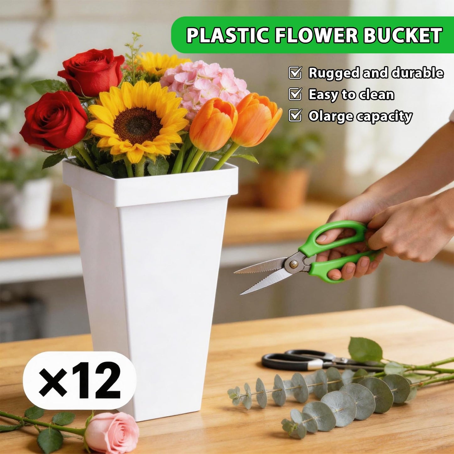 SXJHOPK Flower Display Stand with 12 Buckets, 3-Tier Rolling Plant Stand with Locking Wheels - Heavy Duty Metal Flower Cart for Indoor/Outdoor Use, Wedding Decor & Florist Displays