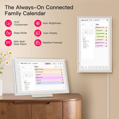 15.6 Inch Family Digital Calendar - Chore Chart, Meal Planner, Photo Display, FHD Interactive Touchscreen with LED Reminder, Wall & Desk Mount Smart Electronic Planner