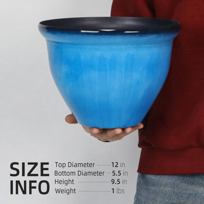 Worth Garden 12-Inch Dia. Round Blue Plastic Planters with Drain Holes, 9.5-Inch Height - 4-Pack Glossy Finish Bell-Shaped Plant Pot – Lightweight Indoor/Outdoor Flower Pots