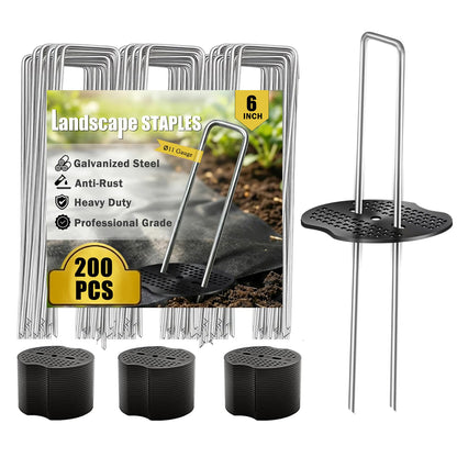 200 Pack Landscape Staples Garden Stakes 6 Inch 11 Gauge Galvanized Landscape Fabric Pins Anti-Rust Landscape Spike Heavy Duty Ground Staples for Weed Barrier, Irrigation Tubing & Lawn Decor