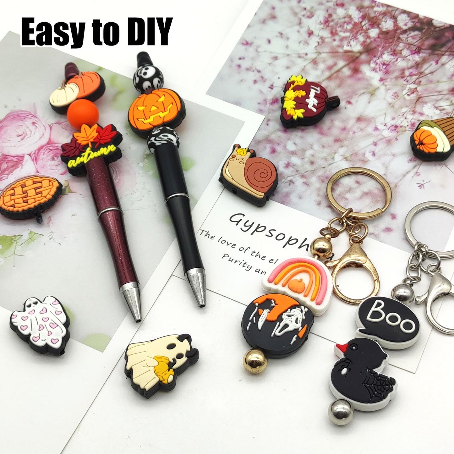 YOKUSHI 50 Pcs Halloween Focal Beads for Pens Bulk, Fall Spooky Charms Loose Rubber Pumpkin Ghost Shaped Bead for Keychain DIY Beadable Pens Making Supplies (Autumn)