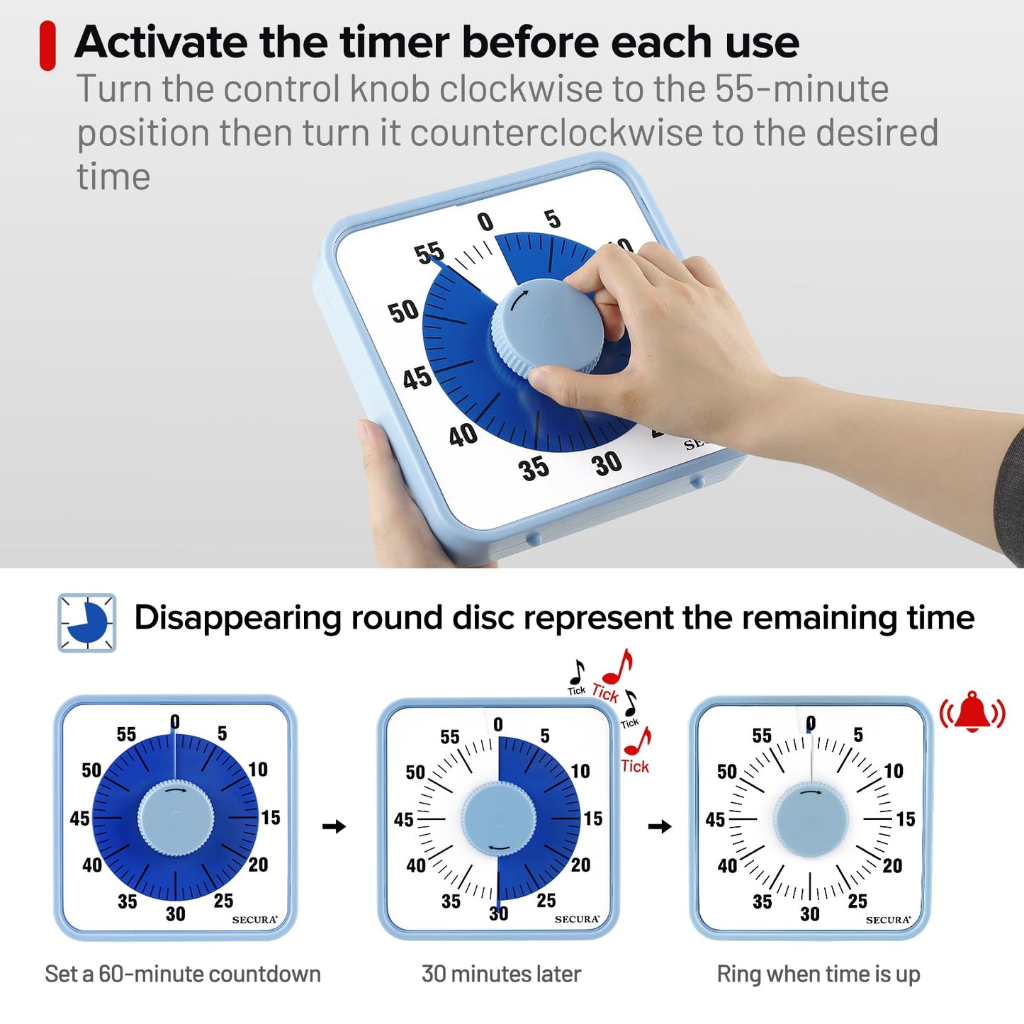Secura 60-Minute Visual Countdown Timer, 7.5-Inch Oversize Classroom Visual Timer for Kids and Adults, Durable Mechanical Kitchen Timer Clock with Magnetic Backing (Navy Blue)