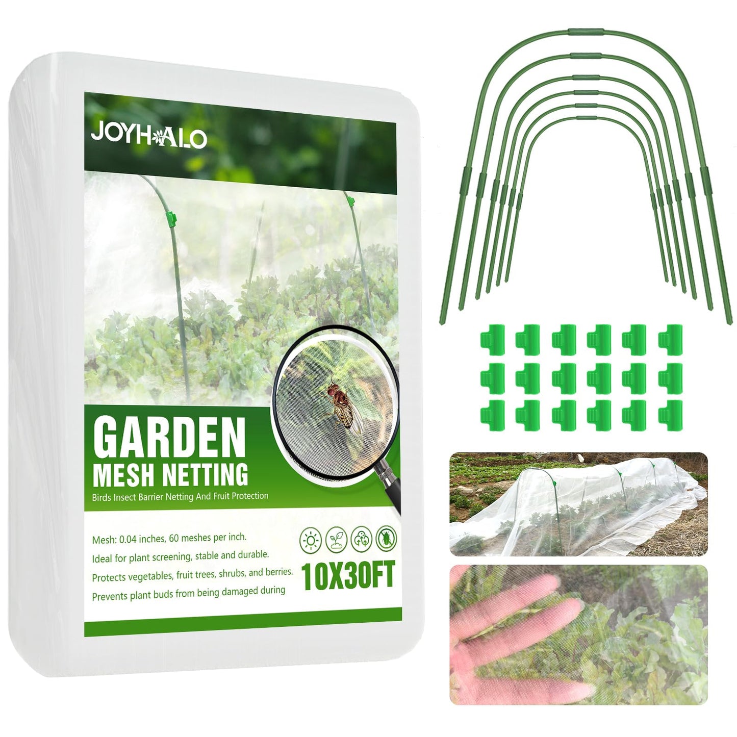 joyhalo Garden Netting for Raised Beds, 6 Sets Garden Hoops with for Raised Beds 10x30 Ft Garden Net, Bird & Cicada Net for Trees, Garden Mesh Netting for Greenhouse, Vegetable, 18 Clips Included