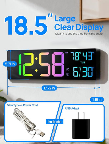18.5" Large Digital Wall Clock with Remote Control, Big LED Display Digital Clocks with Night Light, Alarm, Countdown, DST, Temp, Date for Parlor, Office, Classroom, Bedroom, Gifts for Seniors(Black)