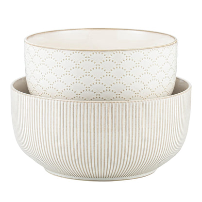 Mikiegy Ceramic Mixing Bowls Set of 2, Nesting Ceramic Embossment Stoneware Mixing Bowls for Cooking, Serving, Popcorn, Salad etc, Microwave & Dishwasher Safe, 98/145 oz, Off-White