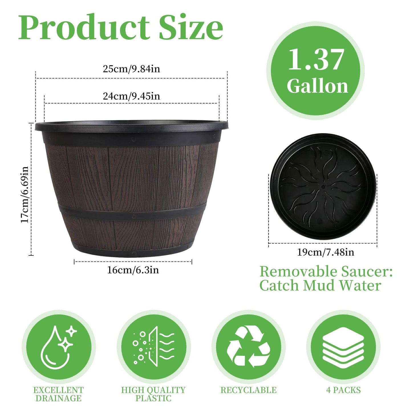 Myfeegoin 10-inch-Pots-for-Plant-Outdoor, 4 Pack Plastic Whiskey Barrel Planters Plant Pots with Drainage Hole & Saucer, Decorative Indoor Flower Pot for House Garden Porch