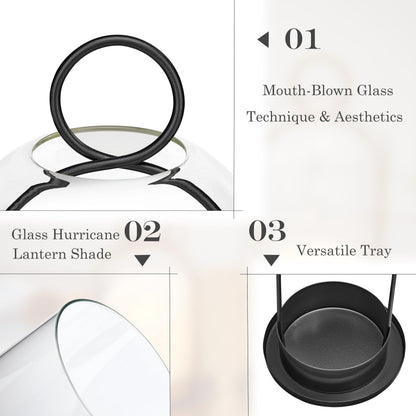 ECLSDL Hurricane Glass Candle Holders for Pillar Candles Set of 2 (5" & 4" Wide), Black Metal Candlestick Holders, Modern Decorative Centerpiece Lanterns for Table Mantel Wedding Housewarming Gift