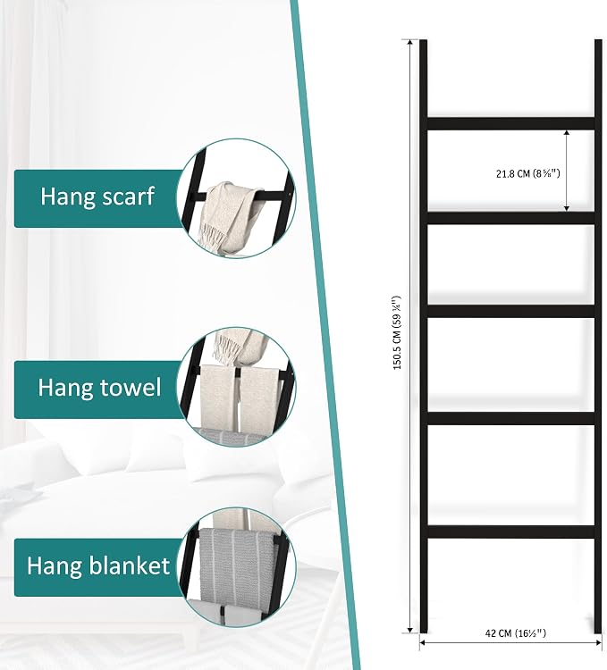 WTZ Bamboo Blanket Ladder, 5-Layer Towel Racks, Blanket Holder with Anti-Slip Construction Home Decor, Decorative Blanket, Quilt, Towel, Scarf Ladder Shelves for Livingroom, Bedroom, Bathroom, Black