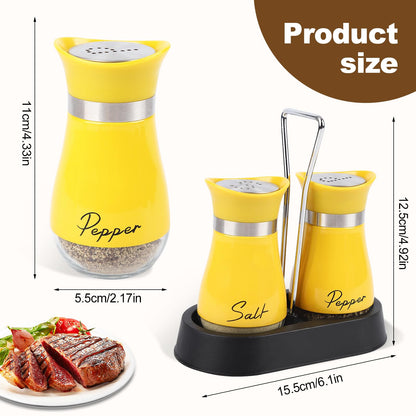 Salt and Pepper Shakers Set, 4 oz Stainless Steel Salt Shaker with Holder, Farmhouse Salt Pepper Shaker Containers with Glass Bottom for Kitchen Cooking Table, BBQ, Bar, RV, Camp (Yellow)