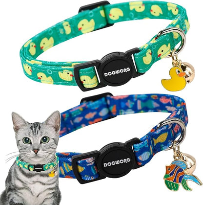 2 Pack Summer Duck Kitten Collar Breakaway with Bell, Adjustable Fish Cat Cotton Collar for Girl Boy Cat and Small Pet，Adjustable Kitten Collar 7-12 Inch