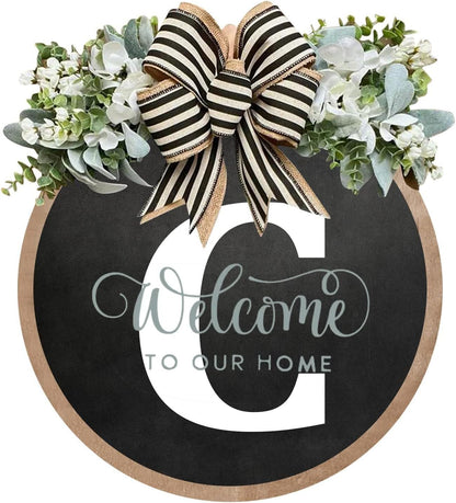 Last Name All Year Round Front Door Garland, Rustic Round Wood Wreaths wall Hanging Outdoor, Farmhouse, Porch, for Spring Summer Fall All Seasons Holiday Halloween Christmas (C)