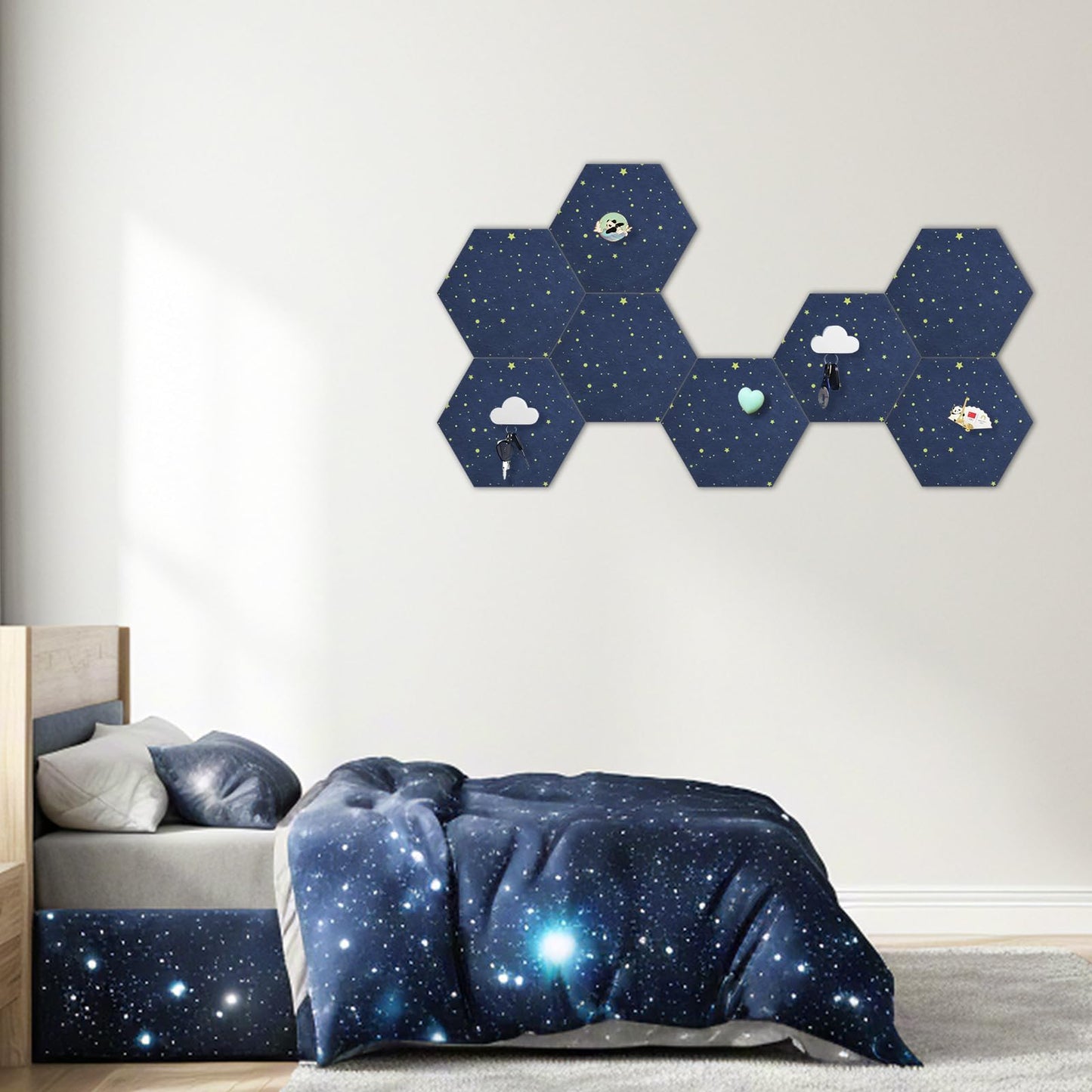 Hexagon Felt Bulletin Board Tiles, 8 Pcs, 8.7 x 7.5 inches, with 20 Pushpins, for Easy Display of Photos Pictures Memos Notices, Felt Wall Tiles for Office Home Classroom (Starry Navy)