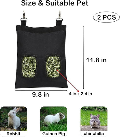 Rabbit Hay Feeder Bag, Large Capacity Rabbit Hay Bag Small Animal Hanging Hay Bag 600D Oxford Cloth Bunny Hay Feeder Bag for Rabbits Guinea Pigs Chinchillas (Black-2 Holes-2Pcs)