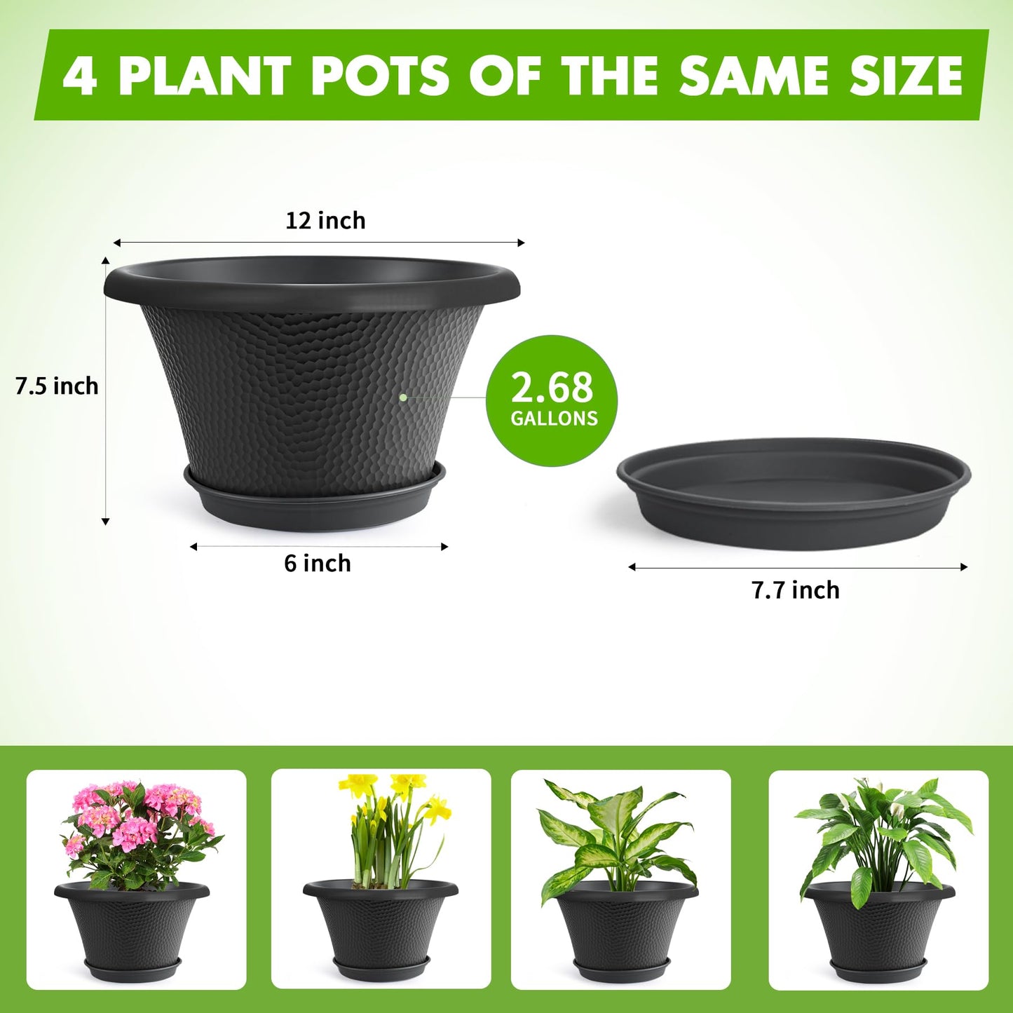 Quarut 12 Inch Pots for Plants,4 Pack Large Flower Pots with Drainage Hole & Saucer,Modern Planters for Indoor Outdoor Plants,Decorative Resin Garden Pots Black