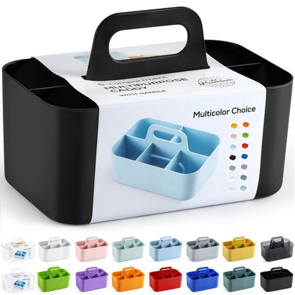 Multiuse Caddy Organizer with Handle, Portable Divided Plastic Tote Bin - Art Craft, Stationary Pen Marker Crayons, Makeup Hair Supplies Storage - Bathroom, Classroom, Dorm, Office, Desk Holder -Black