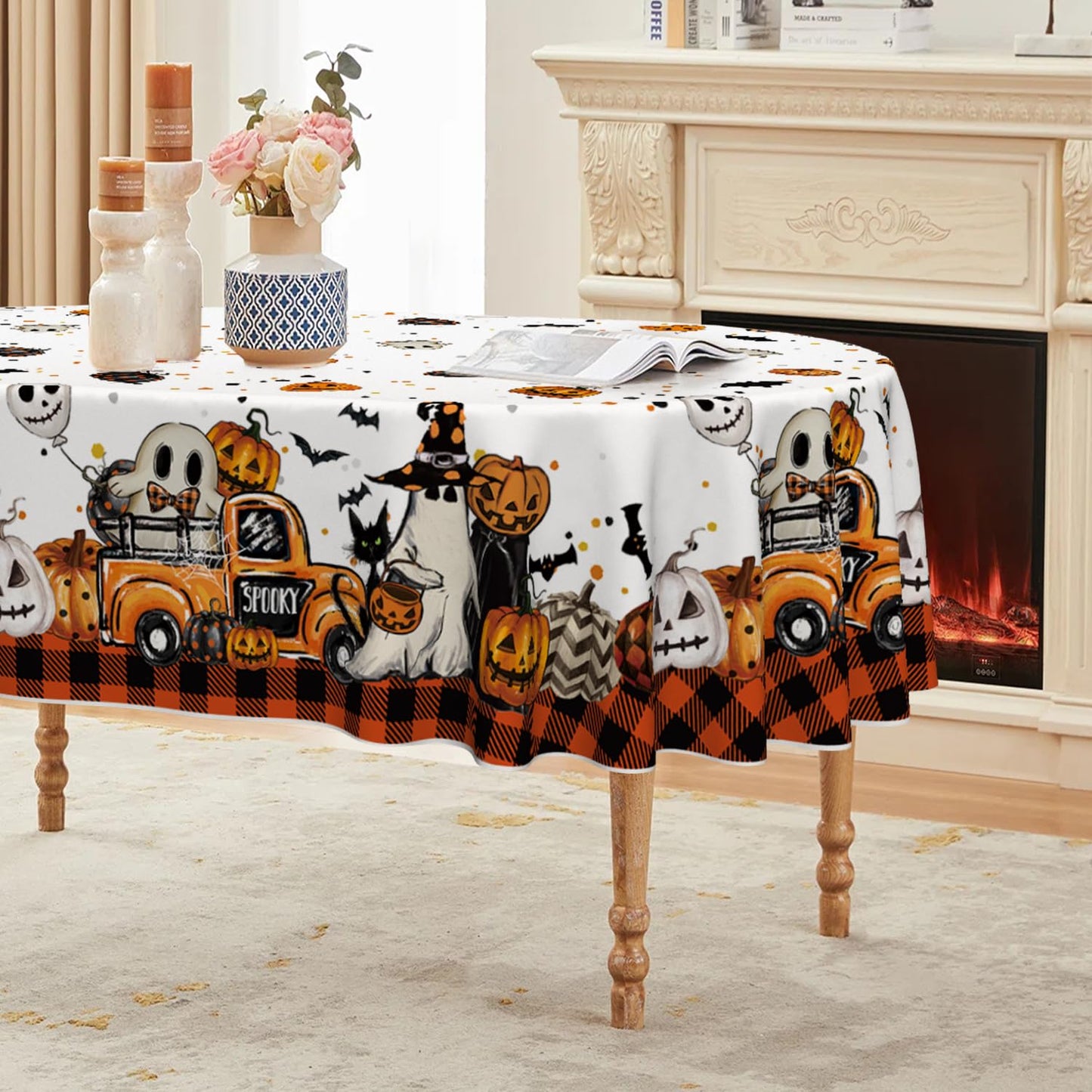 Horaldaily Halloween Tablecloth 60×84 Inch Oval, Buffalo Plaid Jack-O-Lantern Pumpkin Bats Ghost Truck Washable Table Cover for Party Picnic Dinner Decor