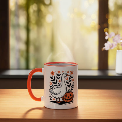 Cute Silly Goose Pumpkin Vintage Floral Boho Halloween Fall Ceramic Mug, Orange/White