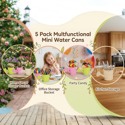 5PCS Mini Watering Cans Kids Metal Watering Can for Indoor Plants, Small Water Can Toddler Gardening Tool Beach Play, Multifunctional Cute Metal Jug for Craft, Home Decor Flower Bucket