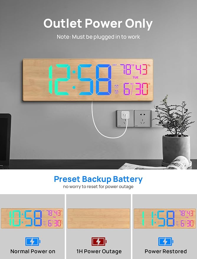 2026 Upgrade 18.5" Large Digital Wall Clock with Remote Control, Big LED Display Digital Clocks with Night Light, Alarm, DST, Temp for Parlor, Office, Classroom, Bedroom,Gifts for Seniors(Light Wood)