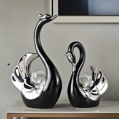 XINDAM A Pair of Swan Figurines Swans Statue with Crystal Ball Model Home Office Display Decorative Craft Living Room Decor (Black)