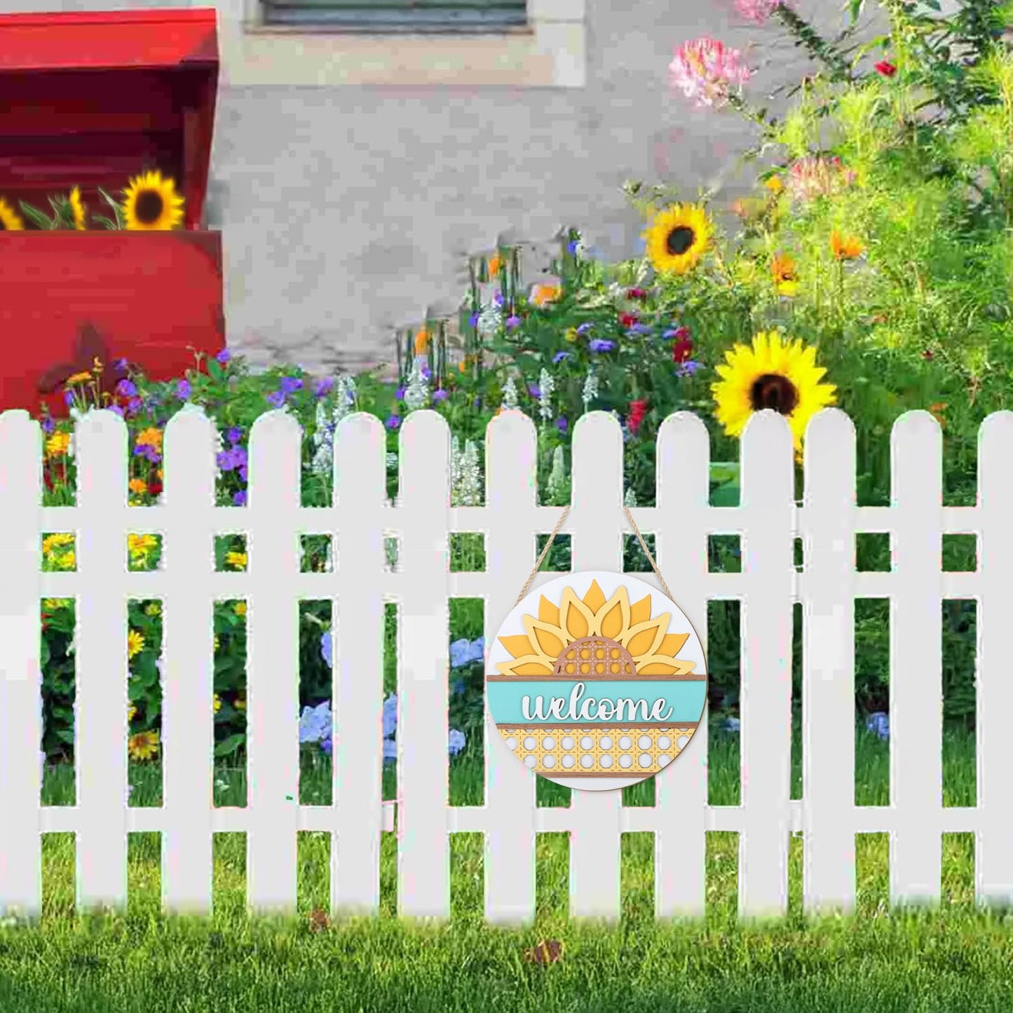 HOURIA 3D Summer Sunflower Welcome Door Sign,11.4 Inches Yellow Flower Summer Wood Wall Decor,Farmhouse Sunflower Decorations for Home,Office,Wreath,Indoor,Outdoor