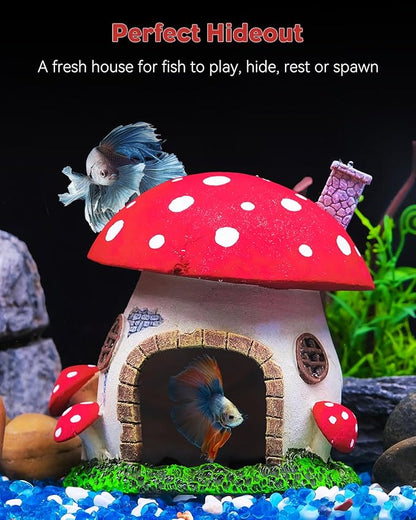 Uniclife Aquarium Mushroom House Fish Tank Decoration Resin Mushroom Cottage Ornament for Fish Tank Landscape Aquarium Hideout Hideaway Spawning Cave Decor for Shrimp Betta Goldfish and Reptiles