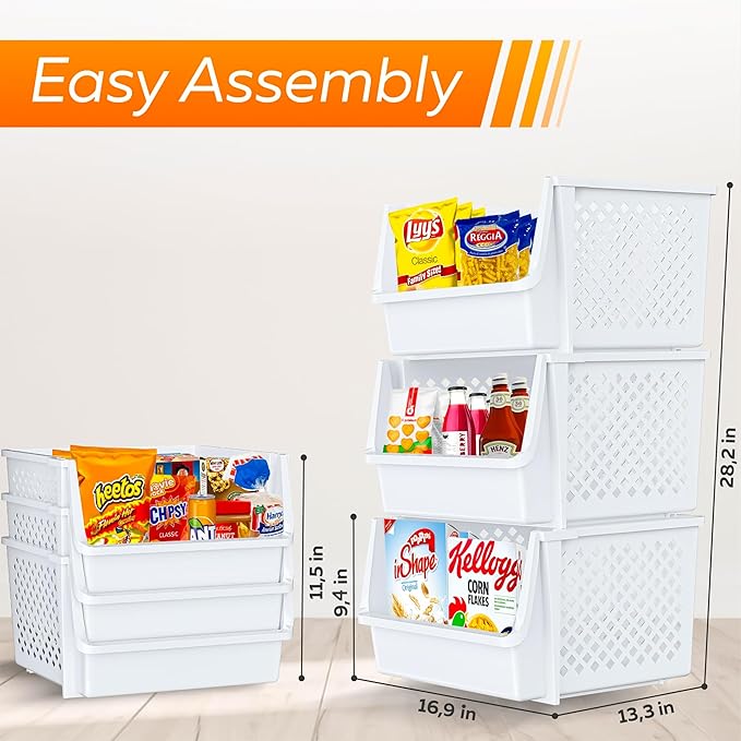 XLarge Stackable Storage Bins Open Front for Pantry Storage, 6 Pack - White | Sturdy Plastic, Easy Stacking, Open Front Access, Ventilated Sides, Vertical & Space Saving Pantry Organizers and Storage Bin