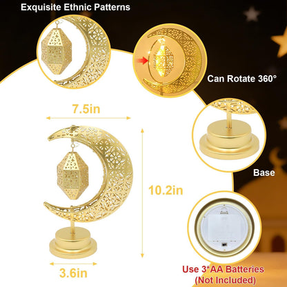 Lifnatty Ramadan Moon Lamp Decorations, Crescent Moon with Ramadan Lantern, Rotating Ramadan Table Lamp, Ramadan Decorations for Home, Eid Mubarak Decorations, Battery Operated Metal Eid Gifts