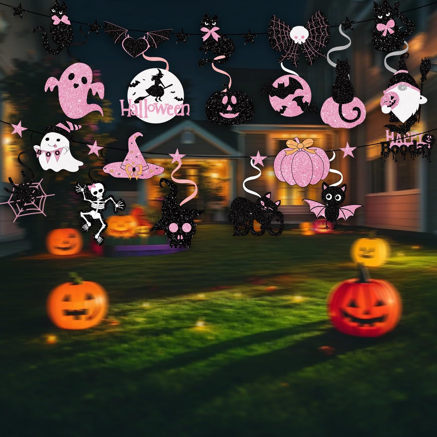 32 Piece Halloween Indoor Decoration Include 4 Banner Garlands and 12 Hanging Swirls Decora Pink Halloween Party Garland Hanging Decorations for Girls Home Mantel Wall and Window Decorations