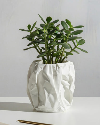 CODIAO Small White Pot Cover (No Drainage) - Unique 3D Printed Crumbled Paper Planter - Modern Artistic Cachepot for 3" Succulents - Cute Desk Decor & Creative Gift (Matte White)
